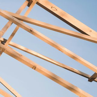 Roof timbers against a pale sky