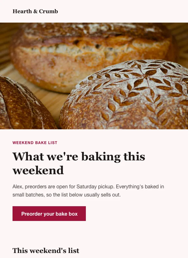 Bakery Menu - Weekend Preorder email template