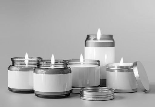 A row of lit candles in plain jars