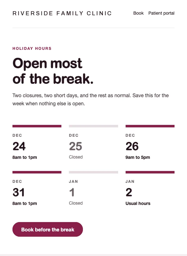 Holiday Hours - Clinic email template