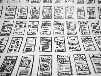 Pages of hand-drawn layout sketches laid side by side