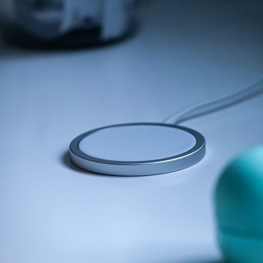A round wireless charging pad on a light surface