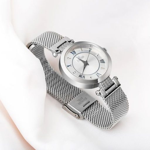 A silver wristwatch on a white background