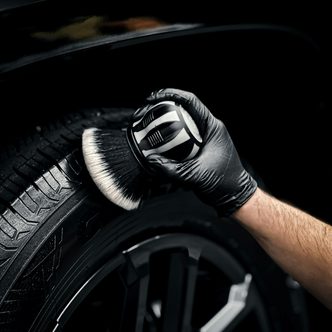 A gloved hand scrubbing a car tire with a soft brush