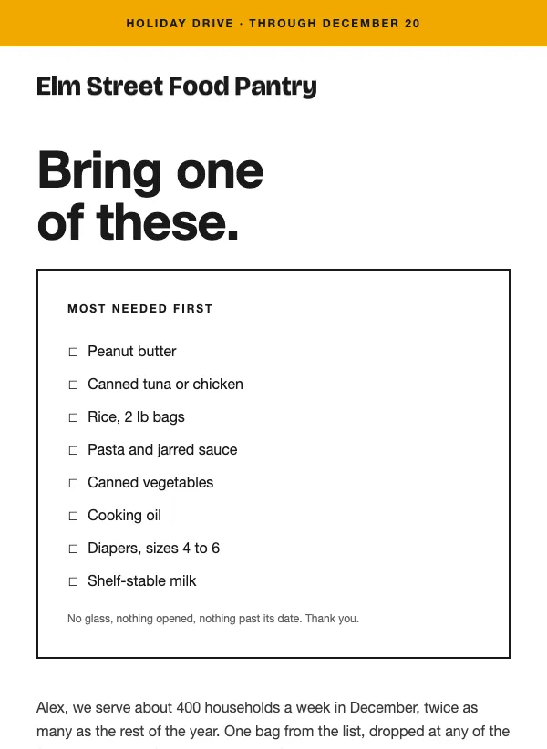 Holiday Food Drive - The List email template