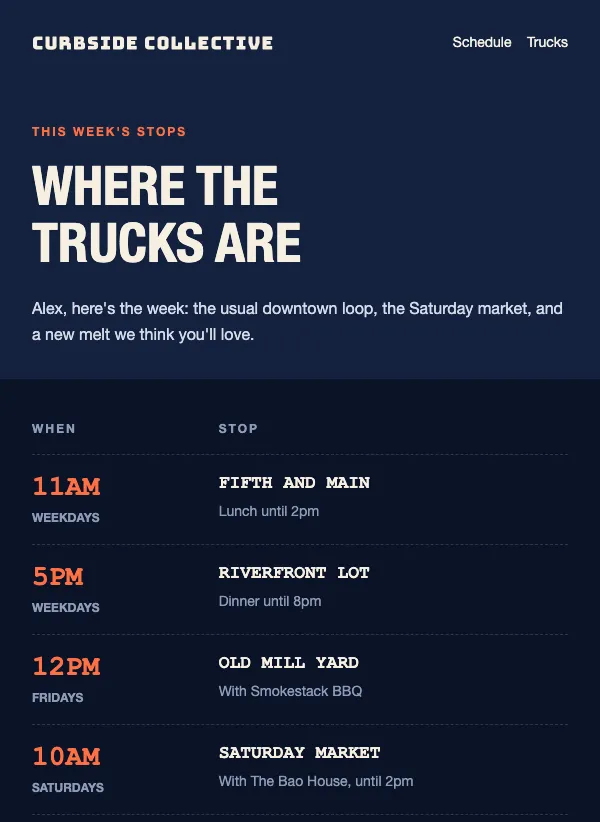 Food Truck Digest - Weekly Schedule email template