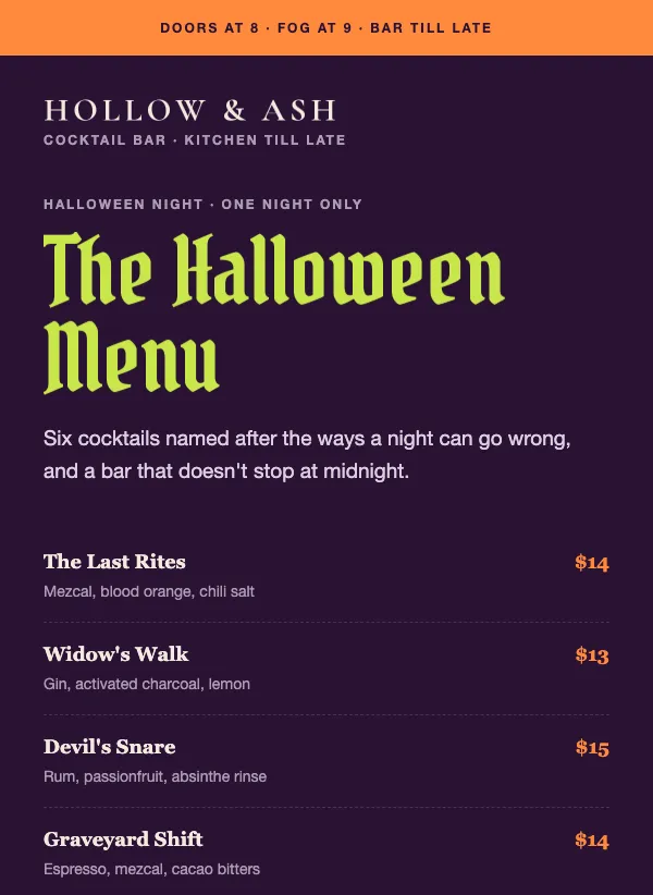 Halloween Menu - Midnight email template