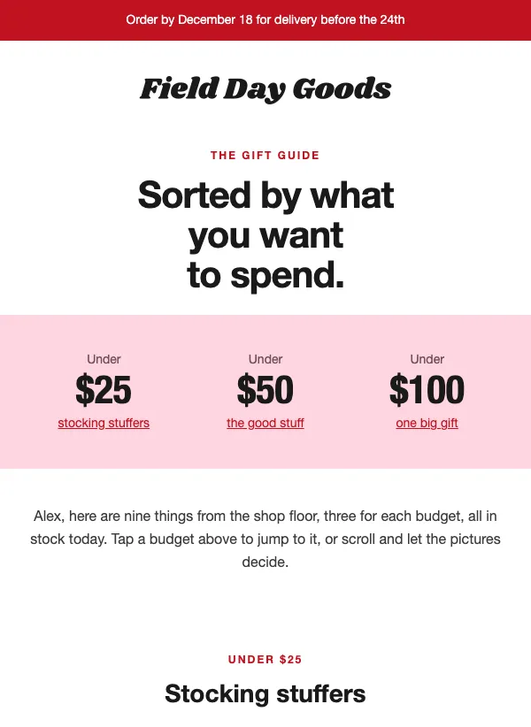 Holiday Gift Guide - By Budget email template