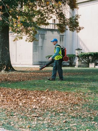 A crew member blowing fallen leaves off a lawn