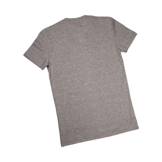 A heather-gray cotton t-shirt laid flat on white