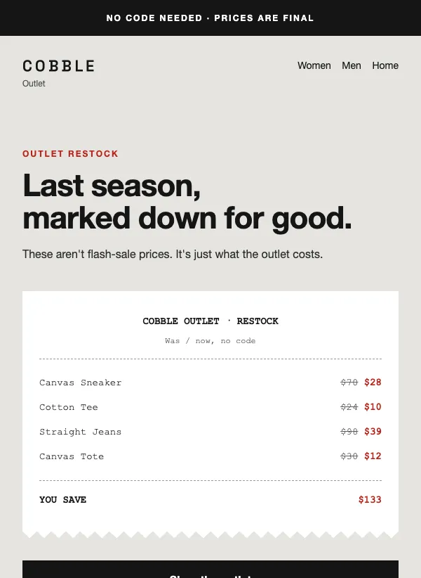 Outlet Restock - Receipt email template