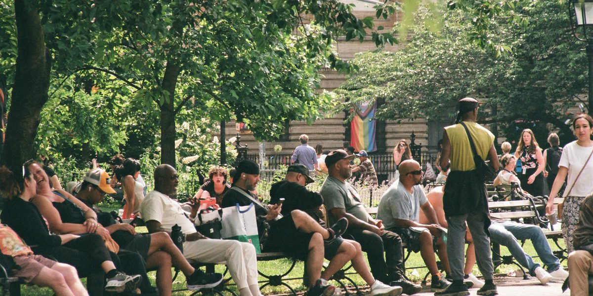 People relaxing on park benches under trees on a sunny afternoon