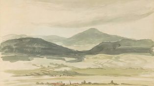 A soft watercolor of green ridges over a wide valley, on cream paper