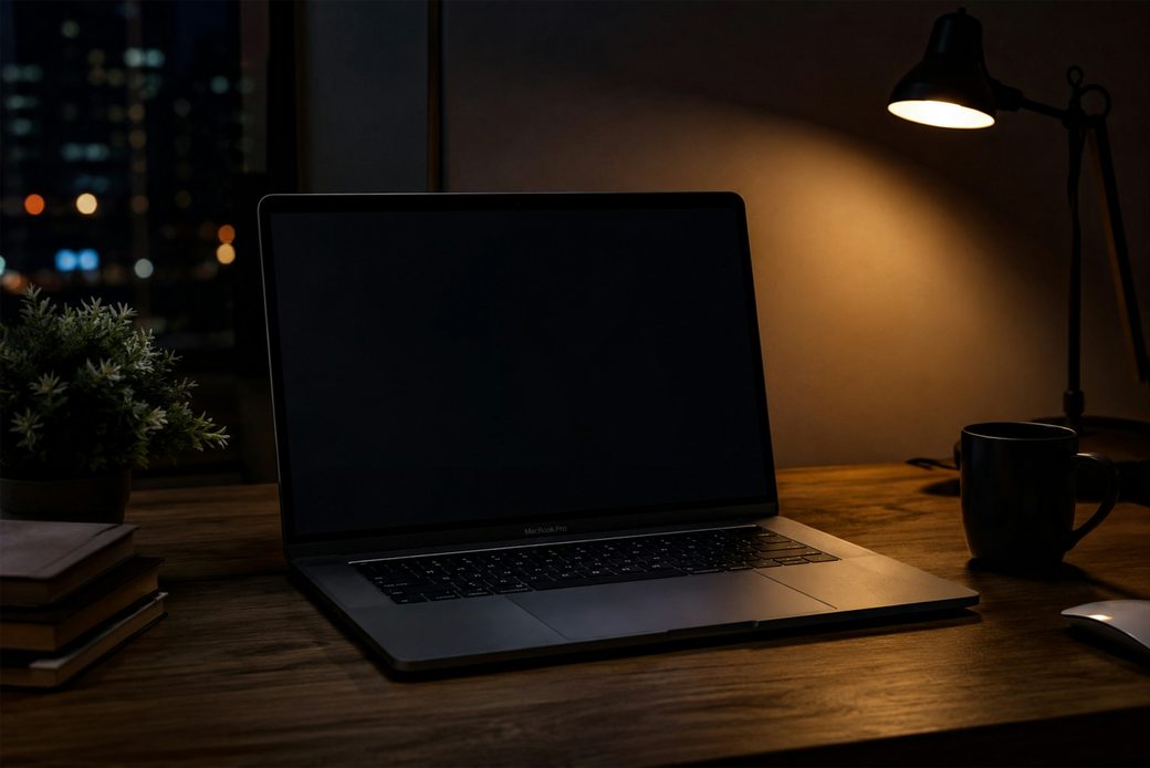 A laptop on a wooden desk at night, lit by a desk lamp