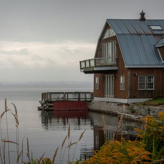 The lake house at dusk
