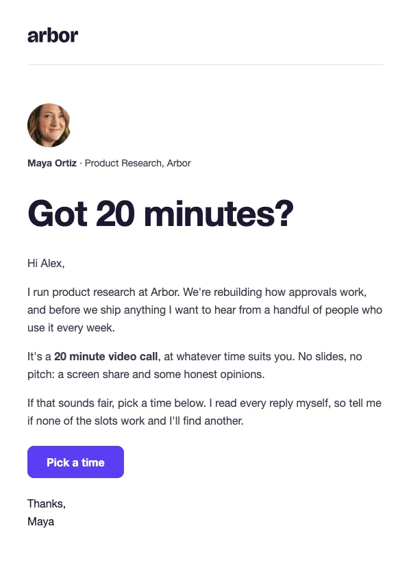 Research - A 20 Minute Call email template