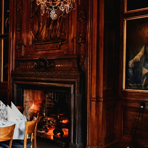 The back room with the fire lit