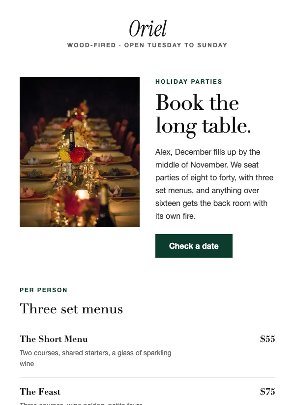 Holiday Party - Book the Table email template