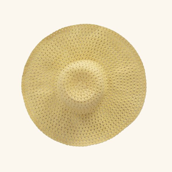 A wide-brimmed straw sun hat seen from above