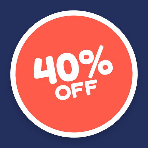 A coral sticker reading 40% off