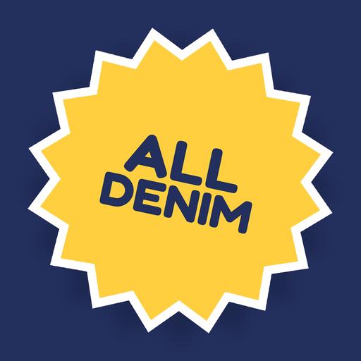 A yellow starburst sticker reading All denim