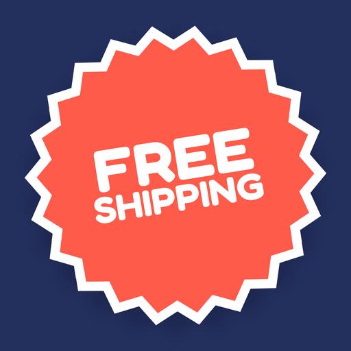 A coral starburst sticker reading free shipping
