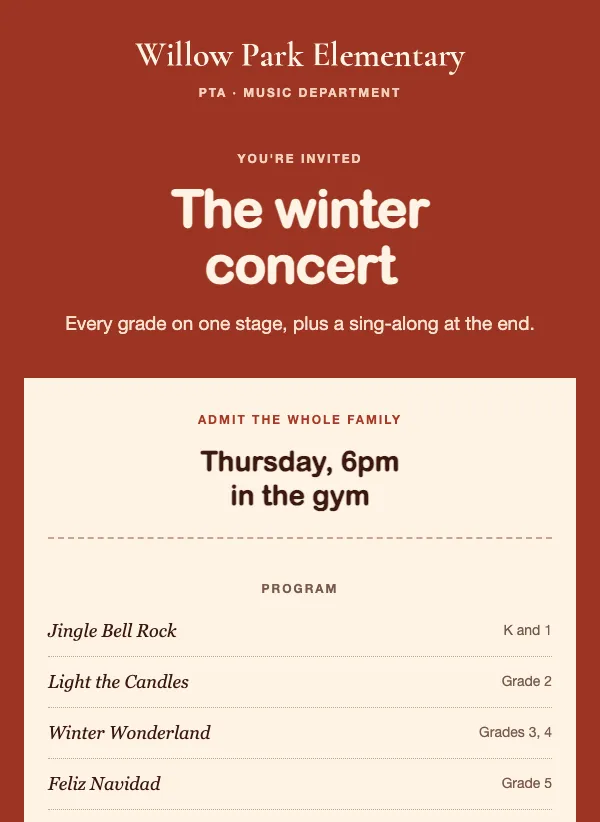 Winter Concert - Program email template