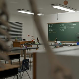 An empty science classroom with lab benches and a green chalkboard