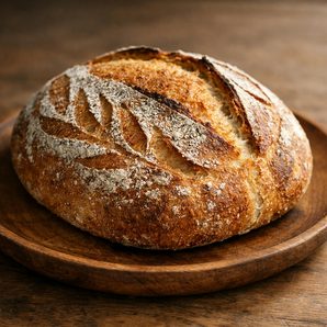 A scored round sourdough loaf on a wooden plate