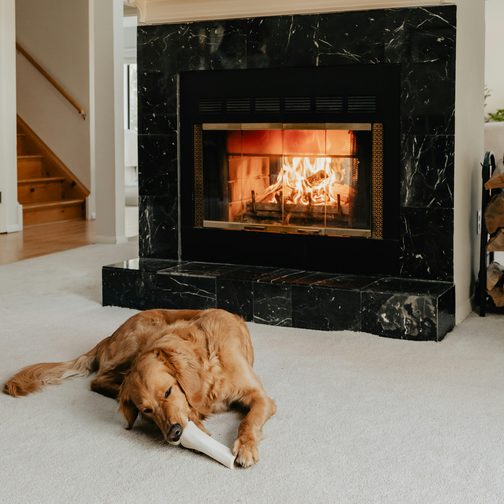 A golden retriever asleep on a rug by a lit fireplace