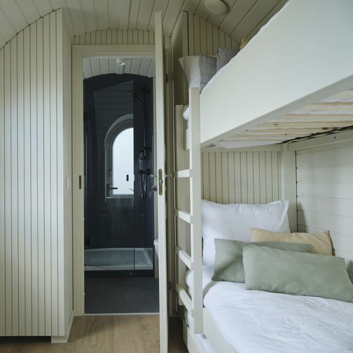 A bright cabin room with bunk beds by a window