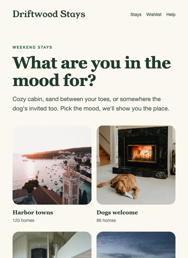 Weekend Stays - Mood Browser email template