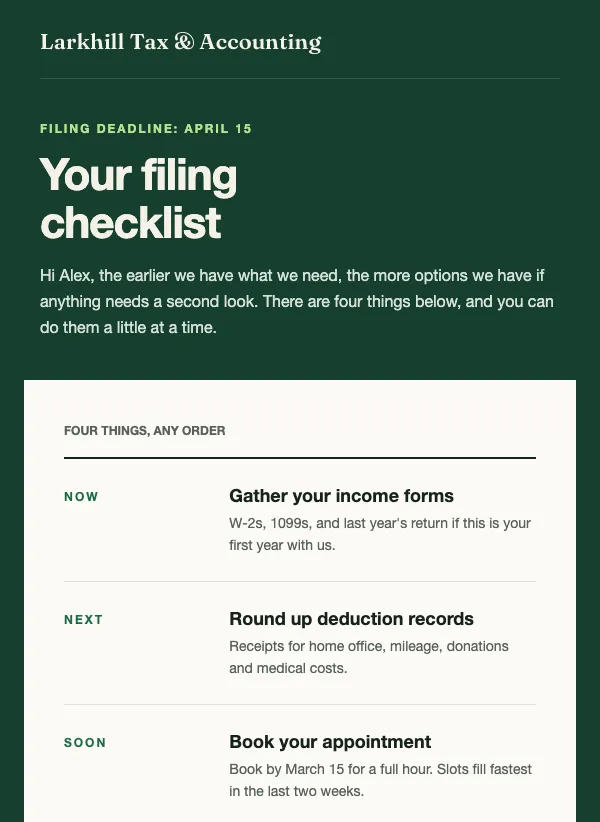 Deadline Checklist - Tax email template