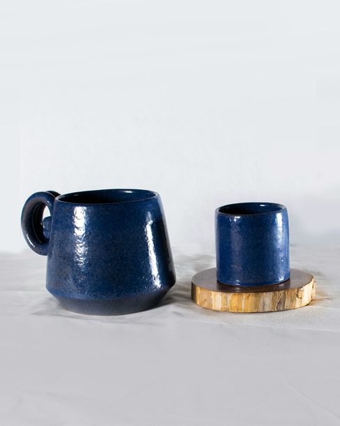 Two cobalt stoneware mugs