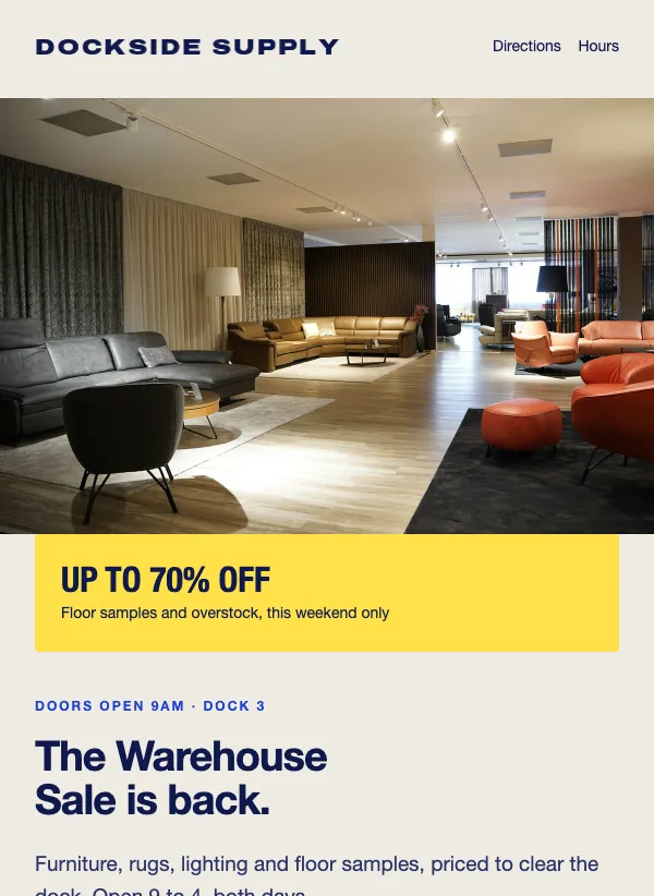 Warehouse Sale - Doors Open email template